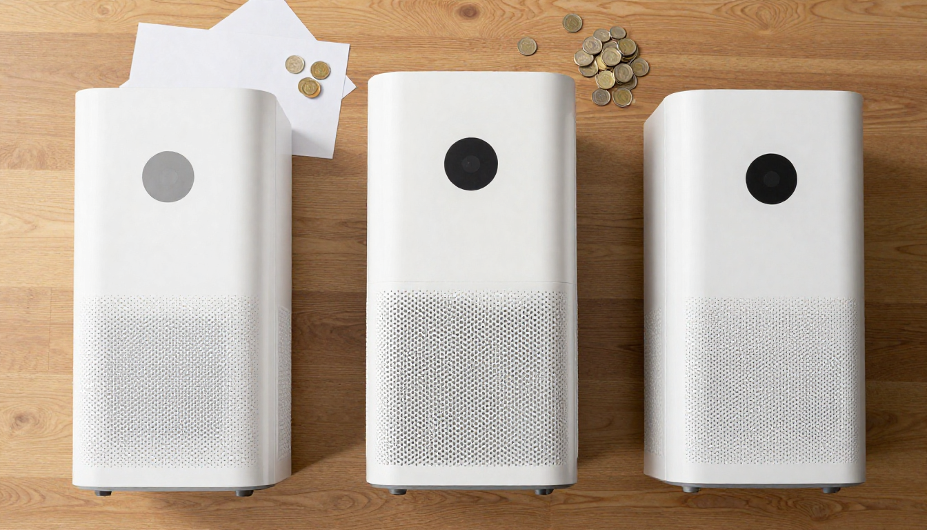 나무 테이블 위에 공기청정기와 나란히 쌓인 동전, 종이 뭉치가 놓여 있는 위에서 내려다본 모습의 실사 이미지입니다.