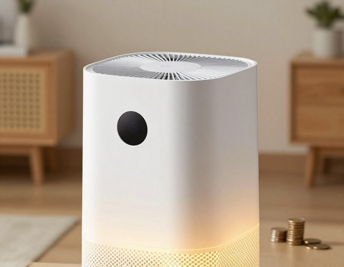 세련된 공기청정기 옆에 동전이 쌓여 있는 모습이며, 은은한 조명과 보케 효과가 어우러진 거실 배경의 실사 이미지.