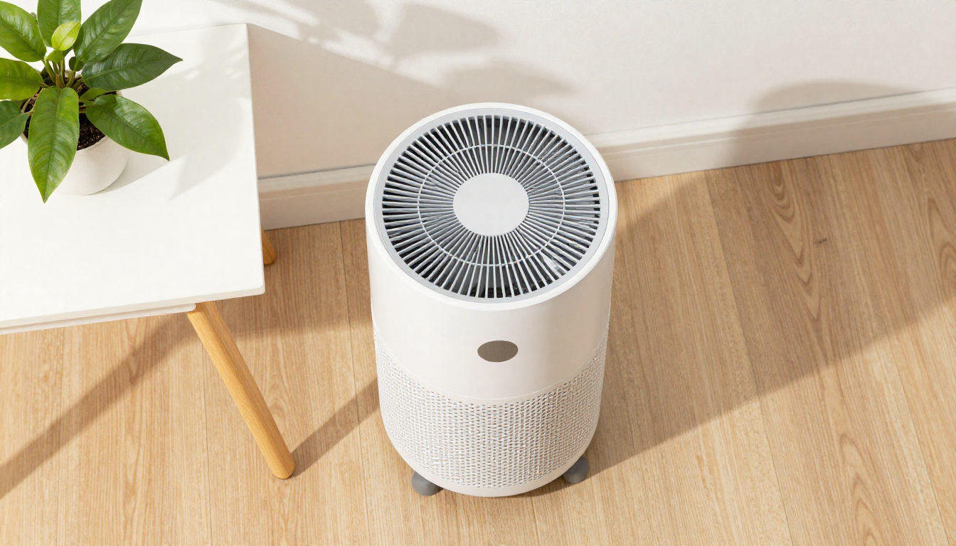 나무 바닥 위 공기청정기와 화분이 놓인 흰색 테이블을 위에서 내려다본 실내 풍경.