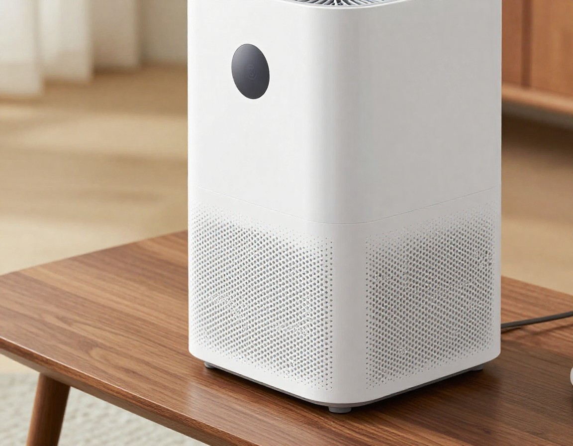 현대적인 원목 테이블 위에 놓인 매끄러운 디자인의 흰색 공기청정기를 측면에서 포착한 근접 사진.
