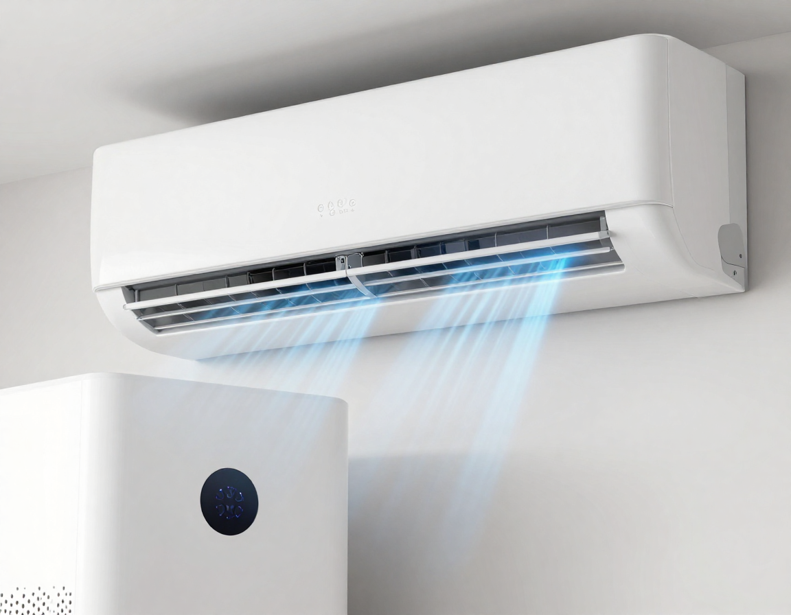 세련된 에어컨 송풍구 옆에 놓인 현대적인 공기청정기가 시원하고 깨끗한 바람을 일으키는 실내 모습.