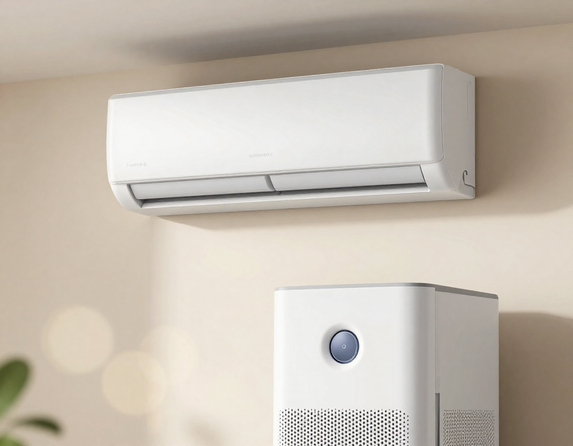 햇살이 비치는 벽걸이 에어컨 아래 모던한 디자인의 공기청정기가 놓여 있는 실내 모습입니다.