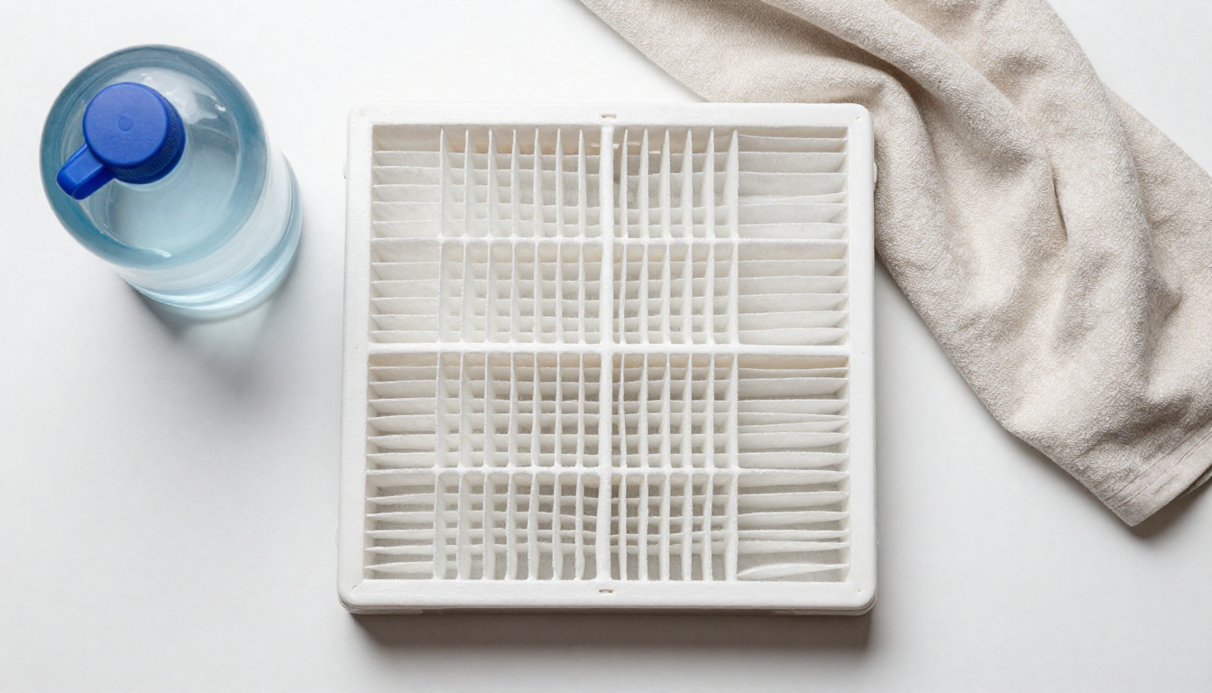 위에서 내려다본 깨끗한 헤파 필터와 작은 물탱크, 부드러운 천이 놓인 깔끔한 구성의 실사 이미지.