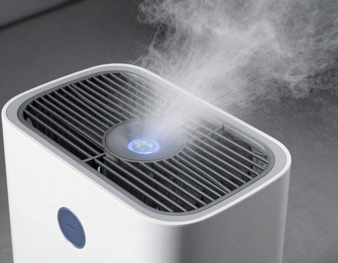 두꺼운 면 필터 옆으로 매끄러운 공기청정기와 미세한 물 안개가 뿜어져 나오는 대각선 구도의 실사 이미지.