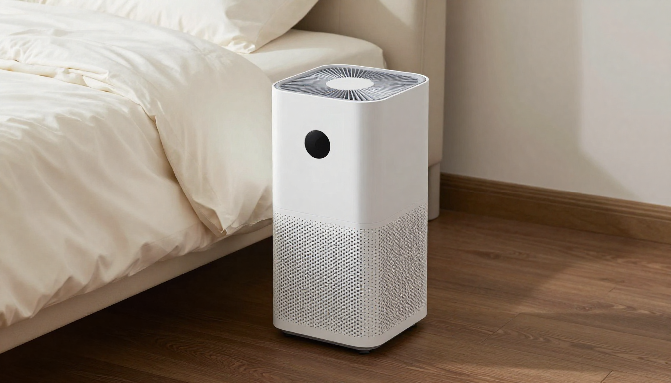 어두운 오크 바닥 위 화이트 공기청정기와 부드러운 실크 침구가 어우러진 미니멀한 침실 풍경.