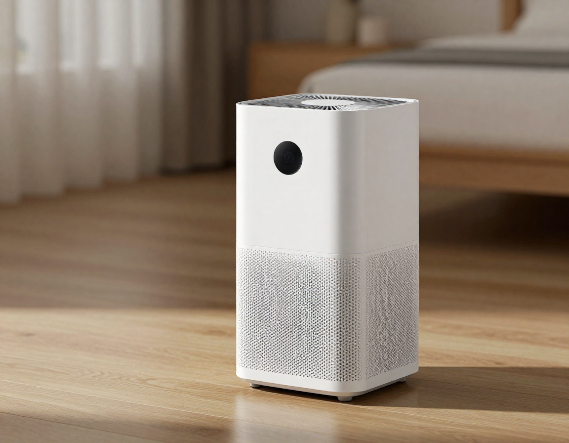 아늑한 침실 원목 바닥 위에 놓인 세련된 화이트 공기청정기와 은은한 조명이 어우러진 실내 풍경.