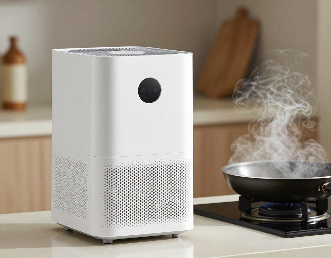 주방 가스레인지 위 김이 나는 프라이팬 옆에 놓인 깔끔한 흰색 공기청정기와 흐릿한 배경의 실사 이미지.