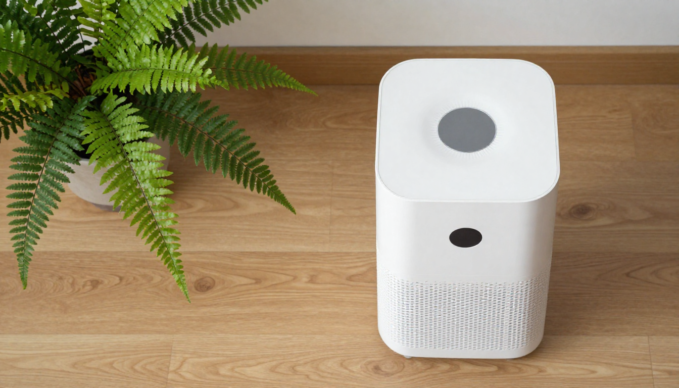 따뜻한 원목 바닥 위 화분 옆에 놓인 깔끔한 흰색 공기청정기를 위에서 내려다본 모습.