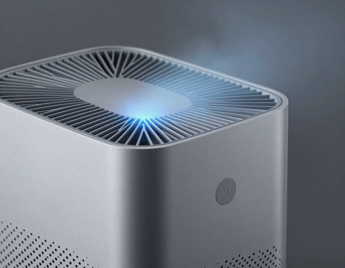 은은한 푸른 빛을 내뿜으며 공기를 정화하는 세련된 실버 색상 공기청정기의 측면 근접 모습입니다.