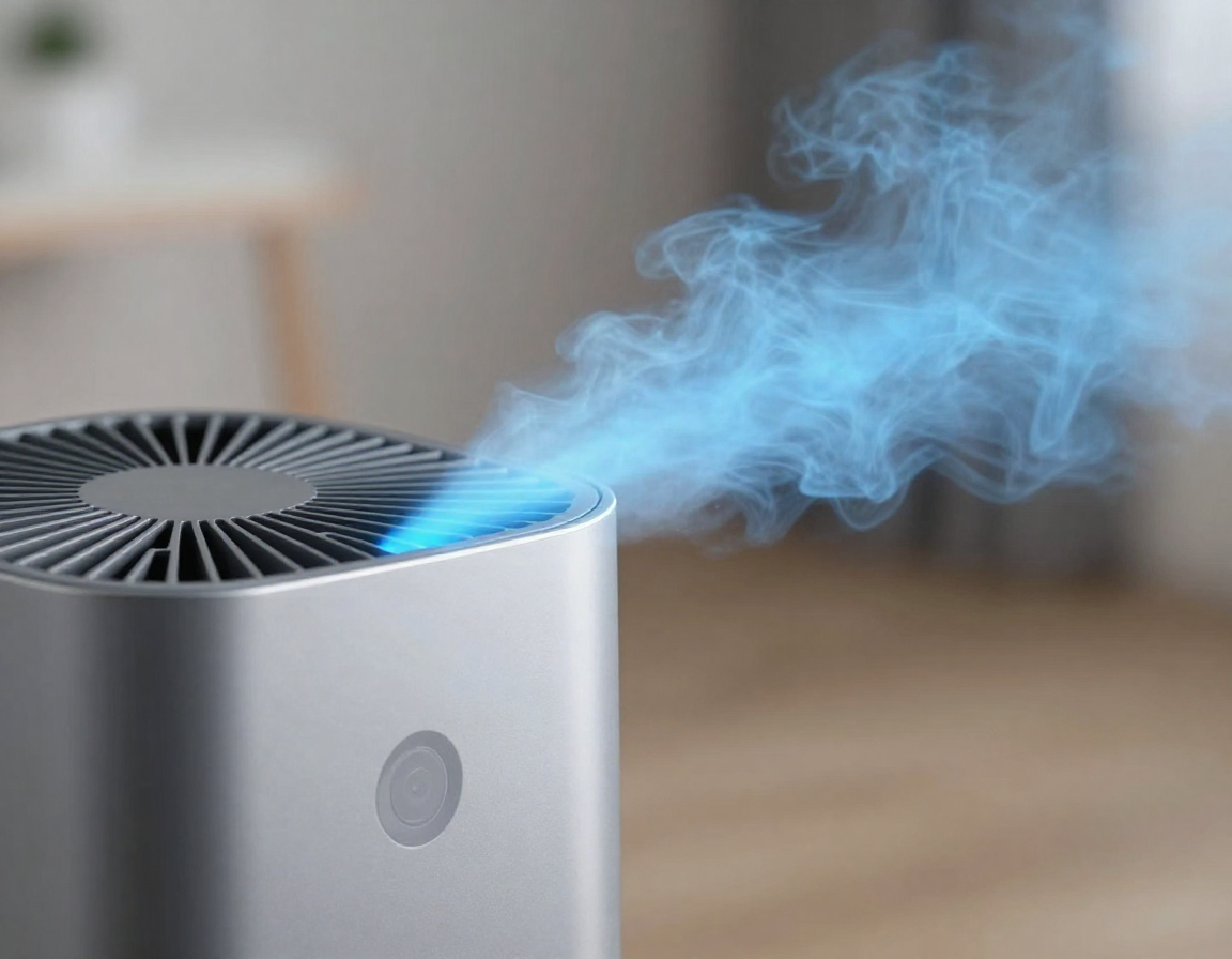 부드러운 배경 속 대각선 각도로 놓인 금속 공기청정기에서 푸른 안개가 뿜어져 나오는 실사 이미지.