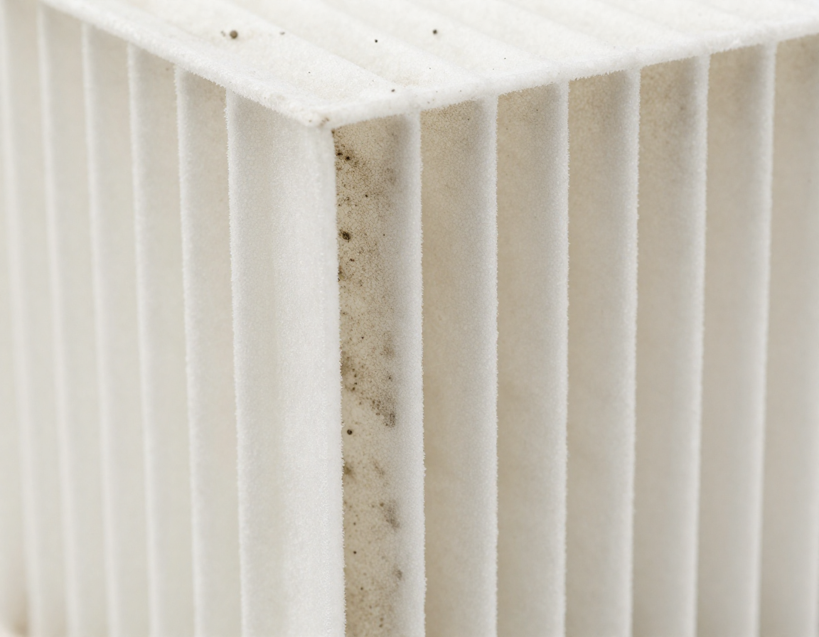 검은 곰팡이 반점과 회색 먼지가 잔뜩 쌓인 공기청정기 주름 필터를 측면에서 근접 촬영한 실사 이미지.