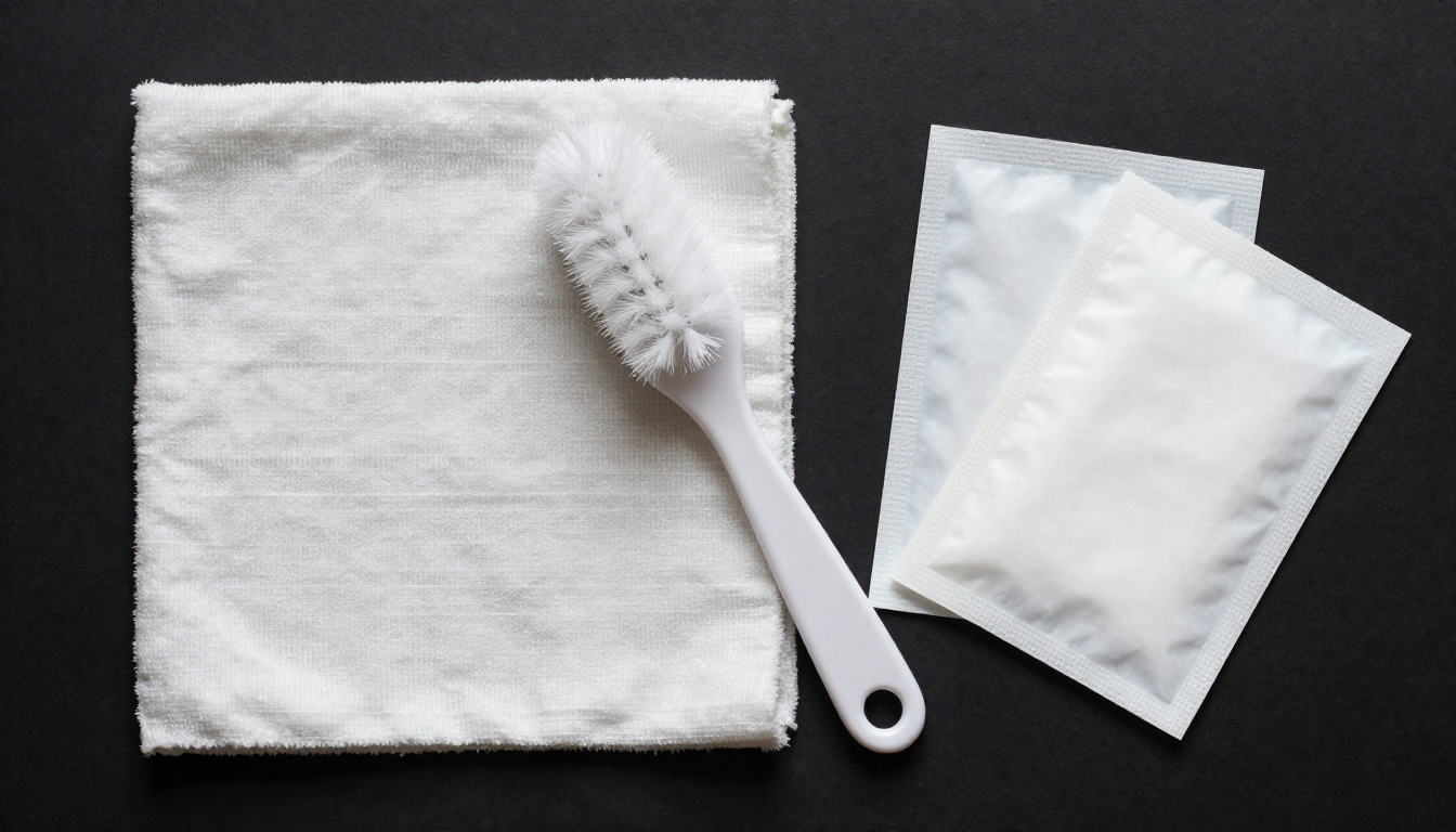 위에서 내려다본 공기청정기 필터와 극세사 천, 실리카겔, 청소용 솔이 놓인 평면 구성 사진.