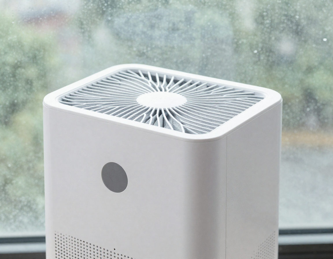 비 오는 창가 옆에 놓인 깨끗한 공기청정기 필터를 측면에서 근접 촬영한 실사 이미지.