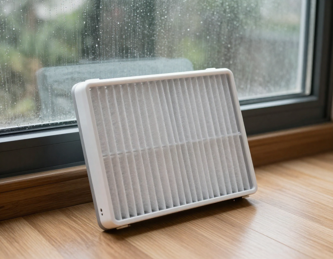 비 내리는 창가 근처 나무 바닥 위에 비스듬히 놓인 공기청정기 필터의 실사 이미지.