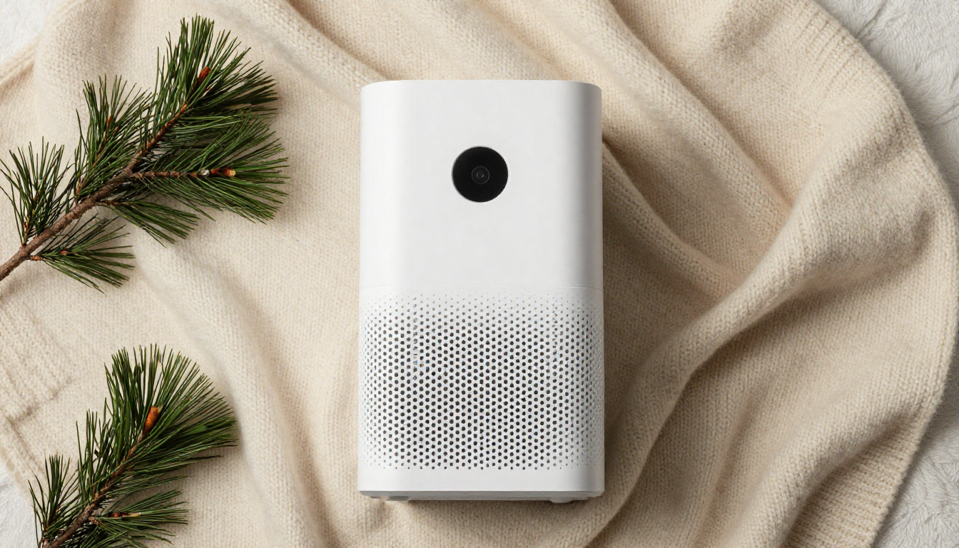 포근한 흰색 니트 담요와 소나무 가지 옆에 놓인 깔끔한 디자인의 흰색 공기청정기를 위에서 내려다본 모습.