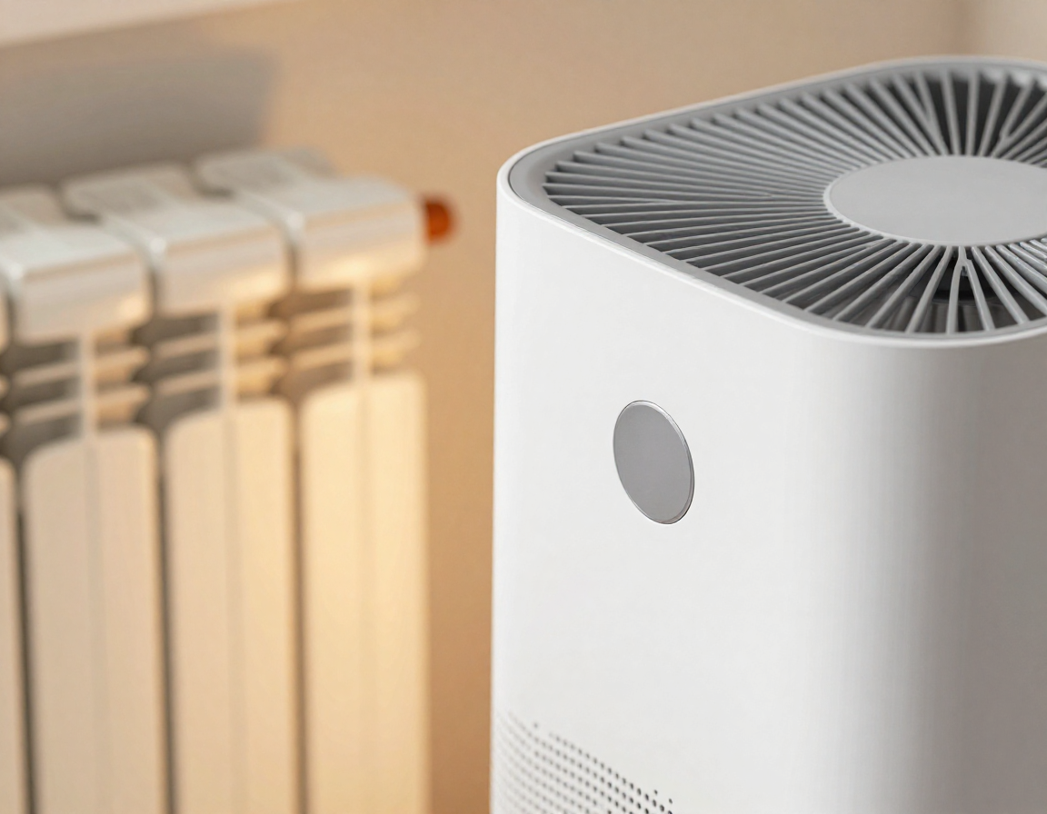 따뜻한 빛이 새어 나오는 난방기 옆에 놓인 세련된 디자인의 공기청정기 근접 촬영 이미지.