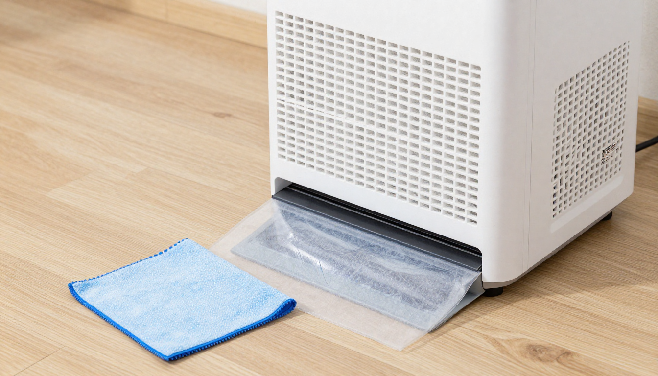 나무 바닥 위에 놓인 공기청정기와 헤파 필터, 극세사 천과 먼지 덮개가 있는 실사 이미지.