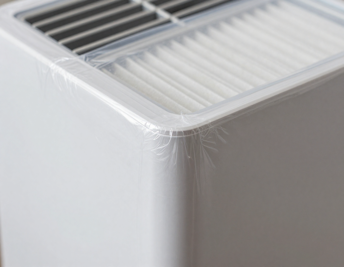 투명한 비닐로 깔끔하게 감싸인 공기청정기 필터의 측면 근접 모습이 담긴 사실적인 사진입니다.