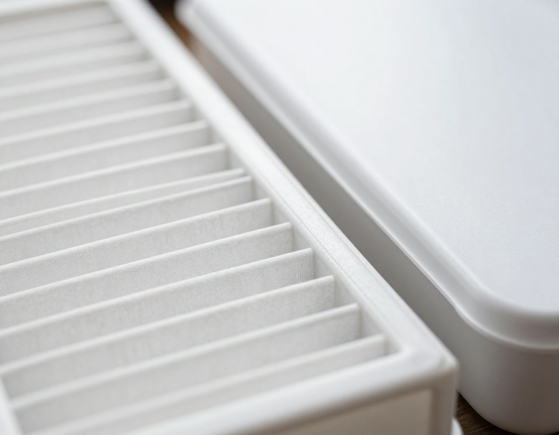 깨끗한 공기청정기 필터와 세련된 화이트 보관 커버가 나란히 놓인 대각선 구도의 실사 이미지.