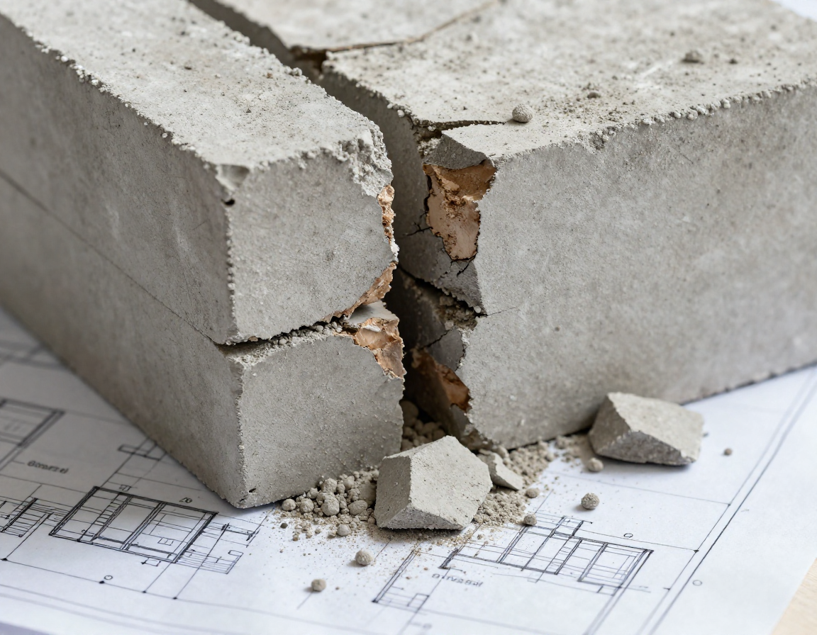 청사진 도면 위에 갈라진 콘크리트 벽돌 파편과 먼지가 흩어져 있는 근접 촬영 이미지.