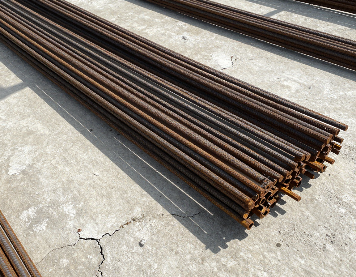 갈라진 콘크리트 바닥 위에 녹슨 철근 꾸러미가 놓여 있는 거친 질감의 공사 현장 측면 상세 사진.