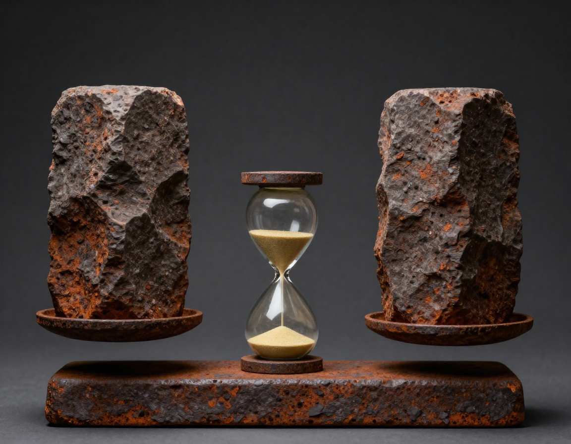 녹슨 철제 저울 위에 무거운 돌덩이가 놓여 있고 그 아래로 모래시계의 모래가 쌓여 있는 사실적인 모습.