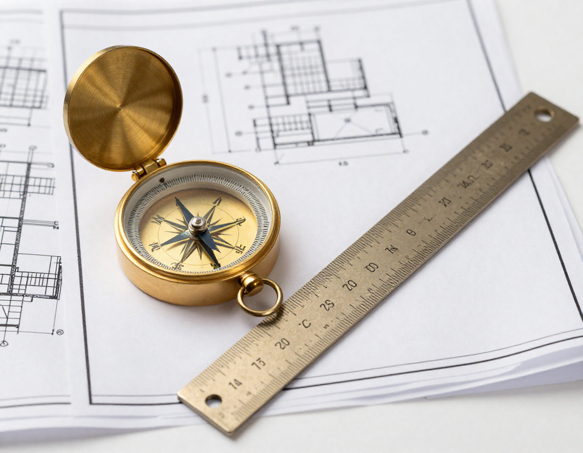 황금빛 나침반과 묵직한 강철 자가 쌓여 있는 설계도면 옆에 놓여 있는 건축 설계 현장의 모습입니다.