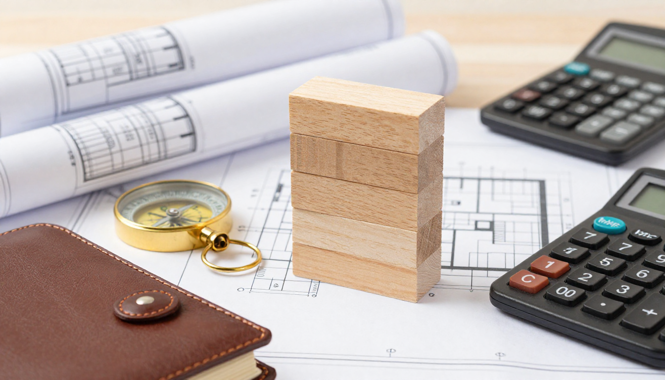 푸른 설계도 위에 놓인 황금 나침반, 쌓인 나무 블록, 계산기와 가죽 수첩이 어우러진 정교한 책상 풍경.