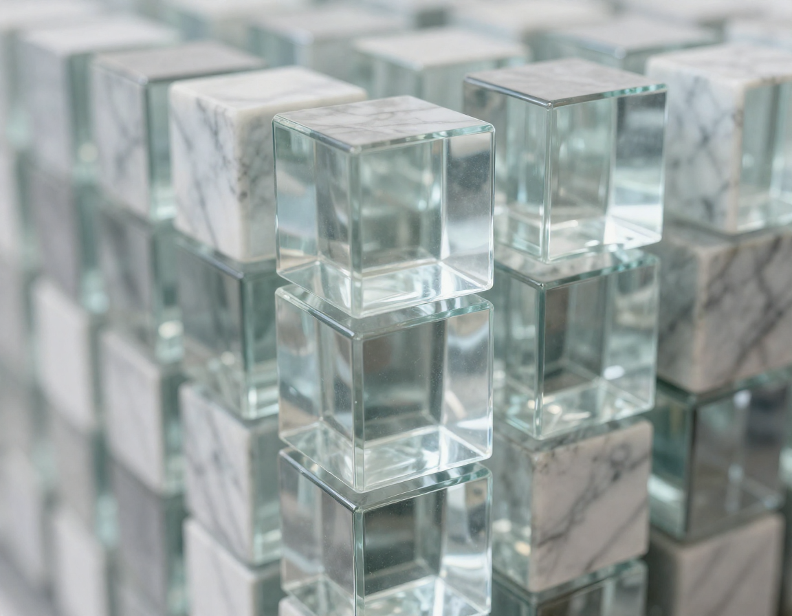 매끄러운 대리석 격자 구조 위에 투명한 유리 입방체들이 겹겹이 쌓여 있는 근접 측면 사진.