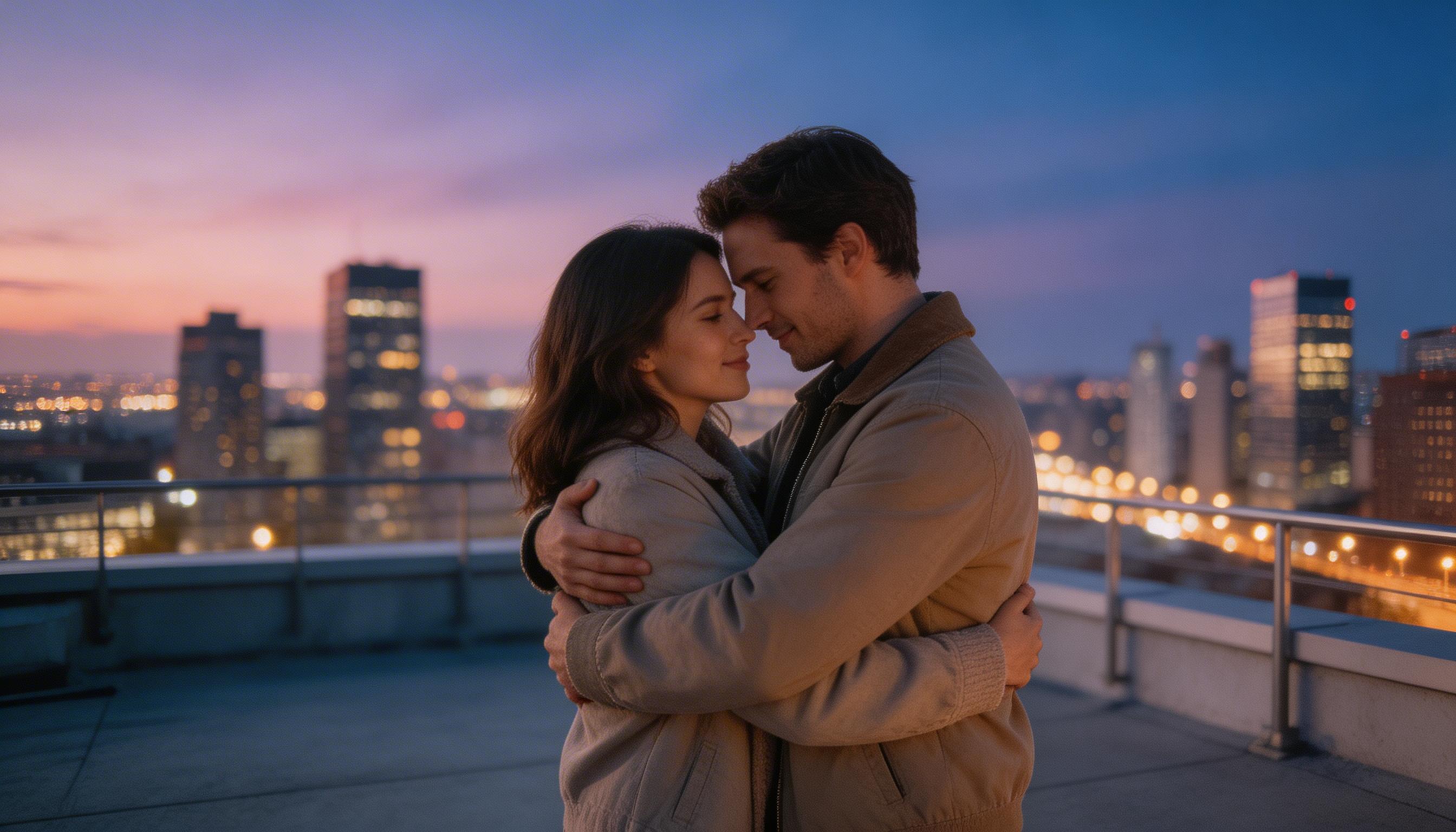 Couple embracing on a rooftop at dusk with city lights behind them, representing the intimacy and sexual wellness benefits researched in PT-141 bremelanotide peptide studies.