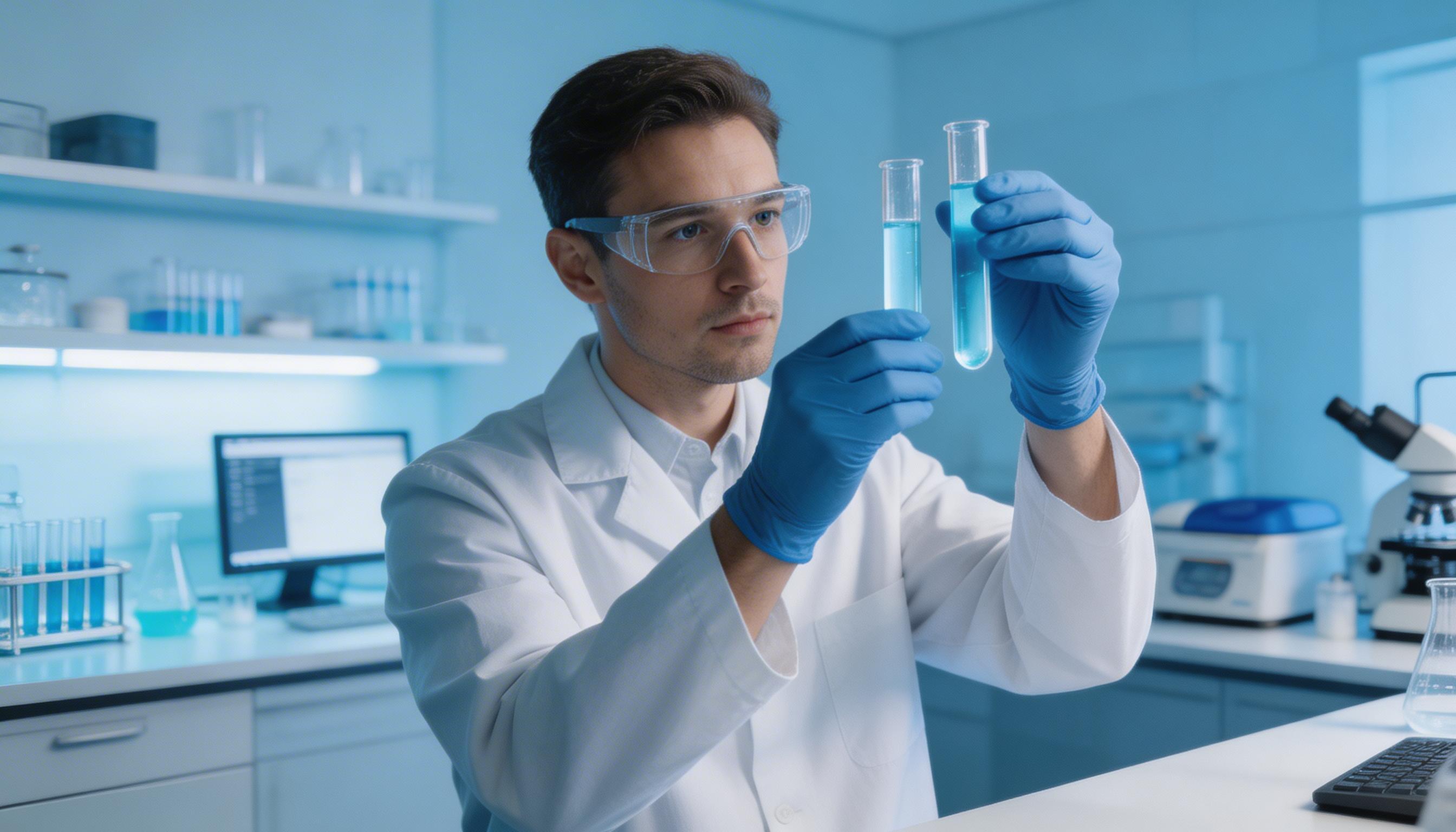 Scientist in white lab coat examining test tubes in a blue-lit laboratory, representing the research and clinical pharmacology behind PT-141 bremelanotide peptide development.