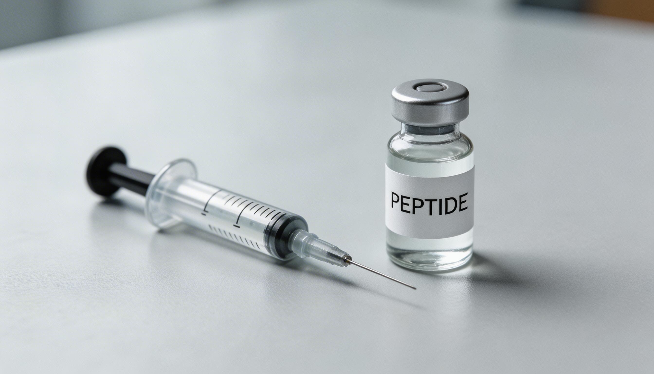 Close-up of a medical syringe and small peptide vial on a clean surface, representing the subcutaneous injection method used to administer PT-141 bremelanotide.