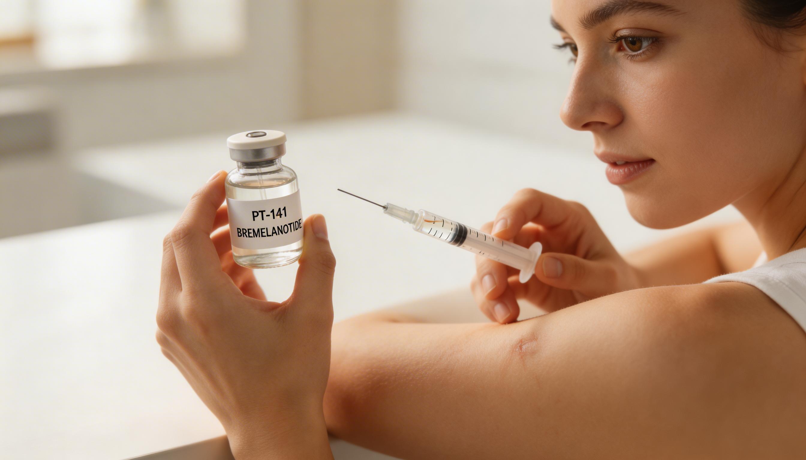 Person holding a research vial and syringe, prepared for their first PT-141 bremelanotide subcutaneous injection, following a first-time user protocol.