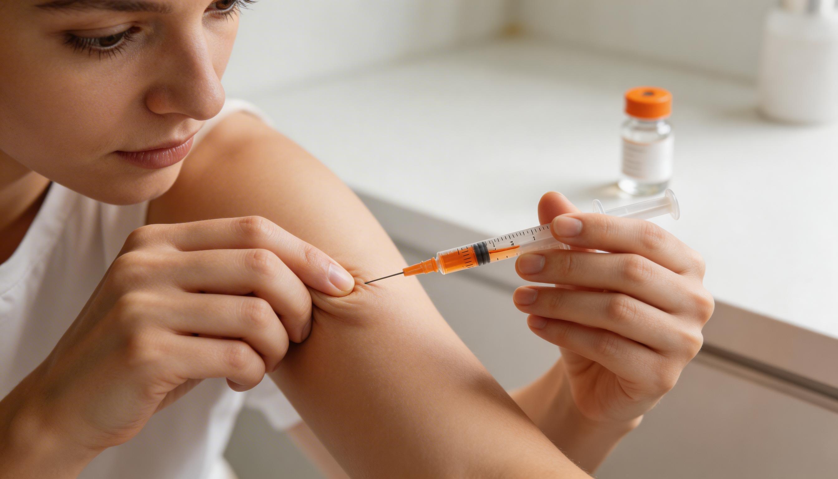 Person carefully preparing a subcutaneous injection with an insulin syringe, illustrating proper PT-141 injection technique for first-time users.