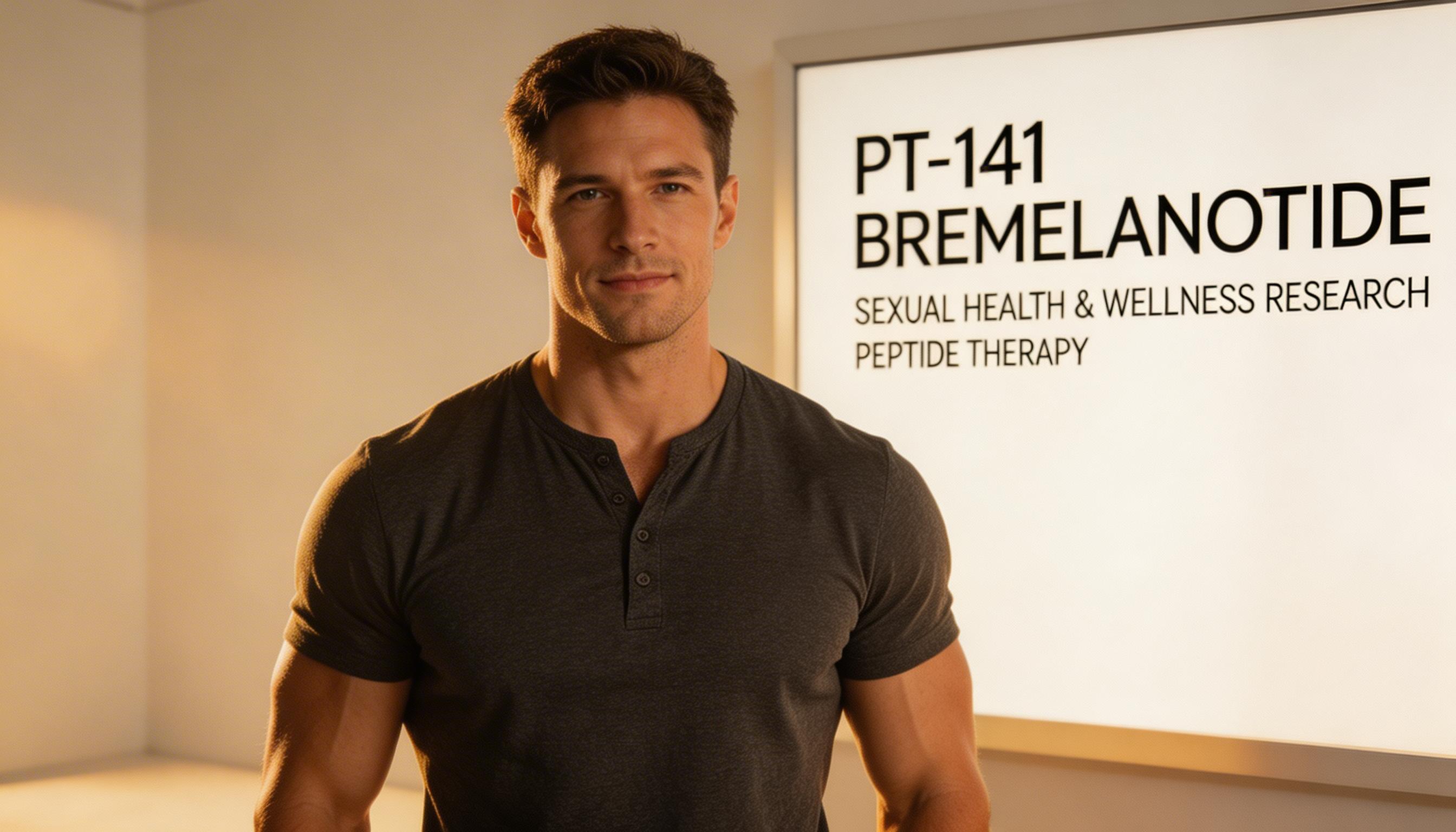 Confident, athletic man standing in warm light with a composed expression, representing the men's sexual health and wellness research context for PT-141 bremelanotide peptide.