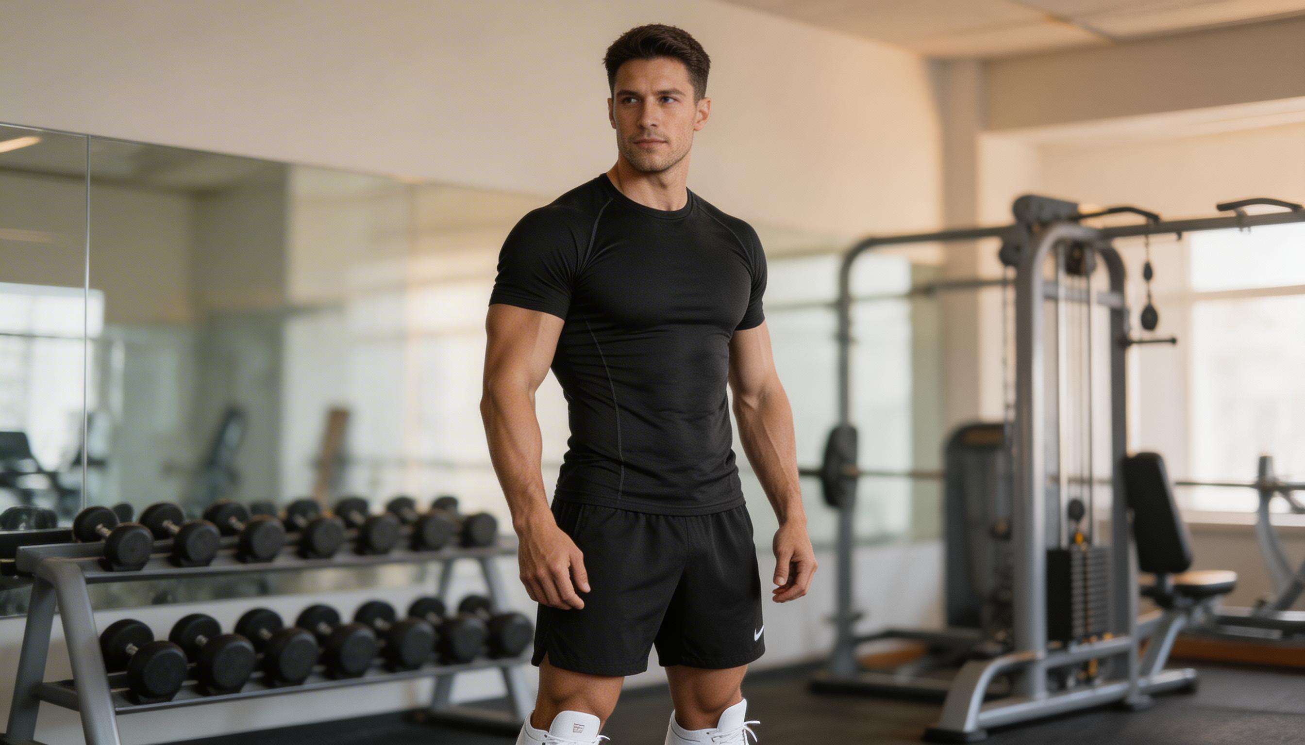 Fit man in athletic clothing in a gym environment, representing the active male demographic researching PT-141 bremelanotide for erectile dysfunction and libido enhancement in UAE.