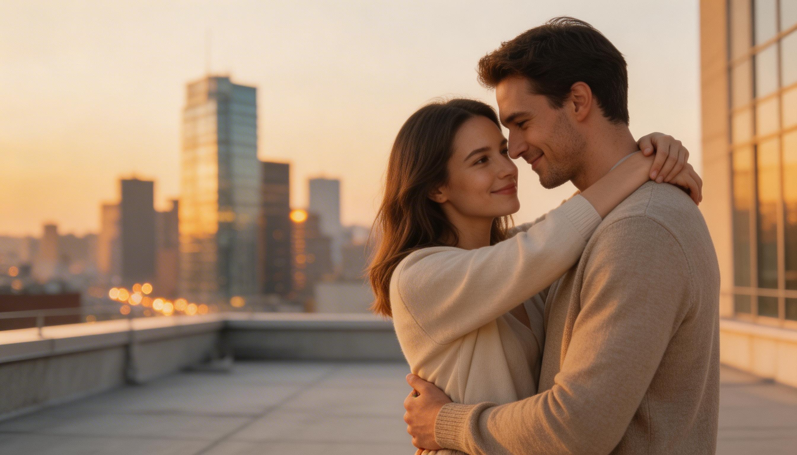 Couple in close, relaxed embrace on a rooftop, representing the relationship intimacy and sexual wellness outcomes researched in PT-141 bremelanotide men's health studies.