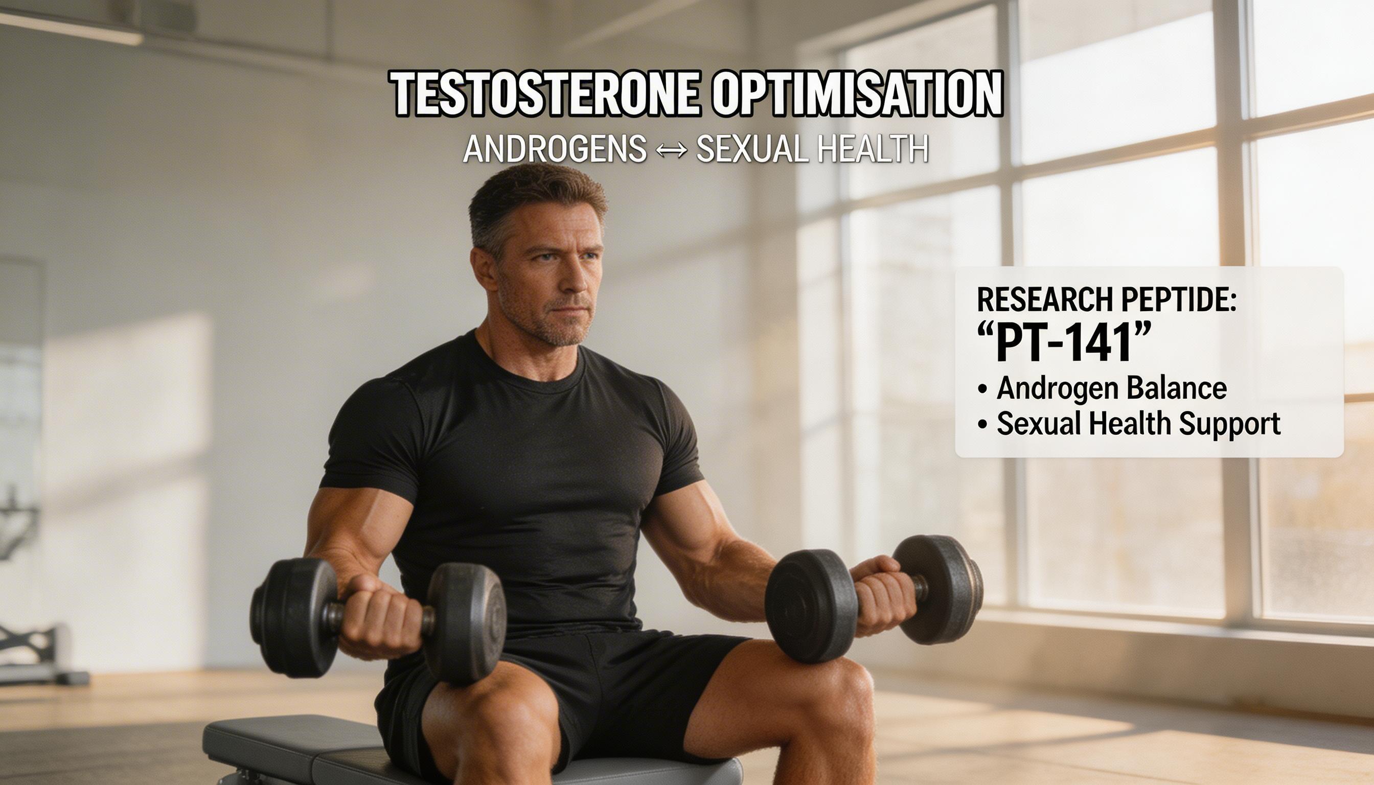 Fit man in his 40s exercising, representing testosterone optimisation and the relationship between androgens and sexual health peptide research compounds like PT-141.