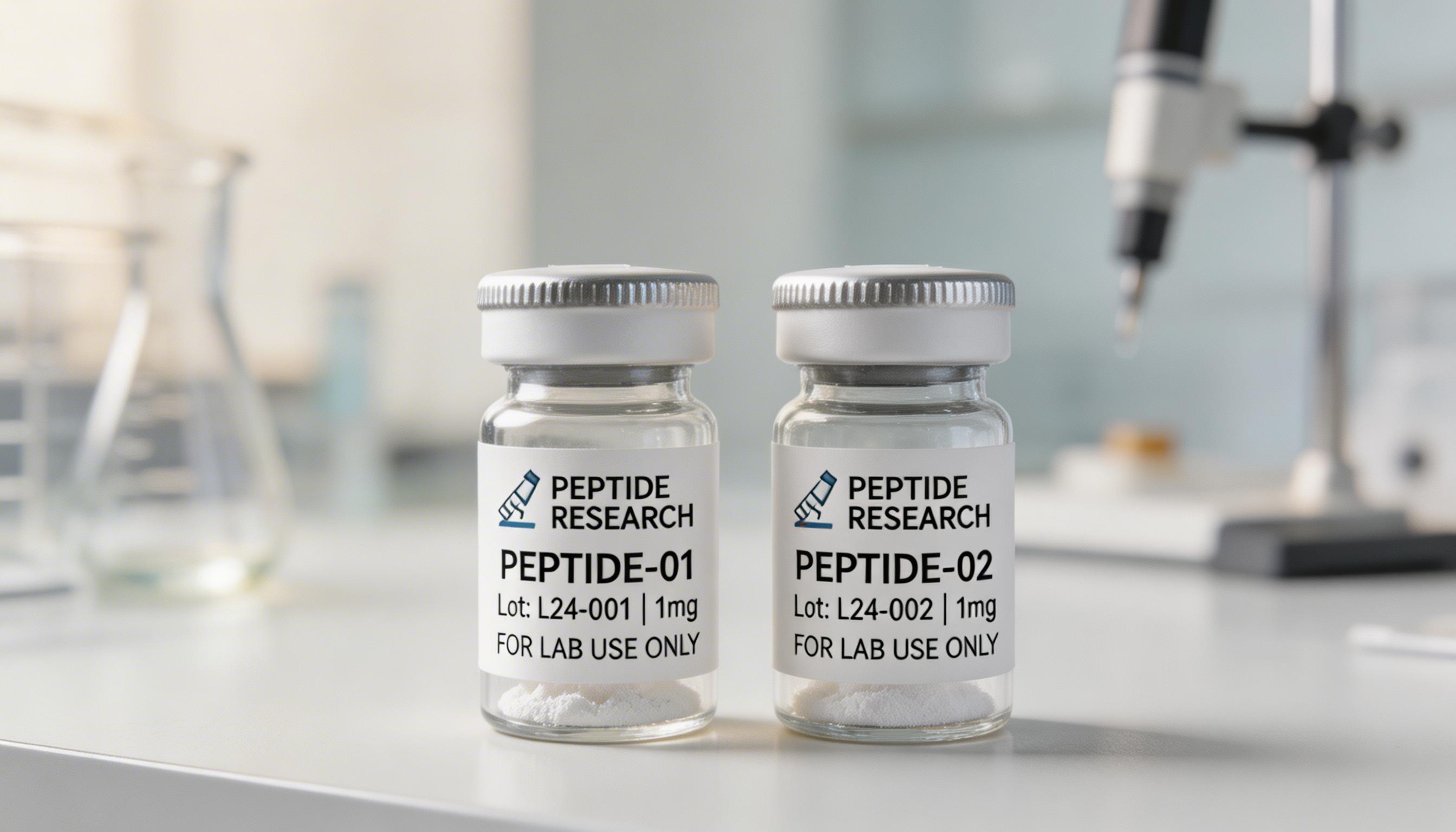 Two research peptide vials in a laboratory setting representing the comparison between PT-141 bremelanotide and kisspeptin peptides for sexual function research in the UAE.