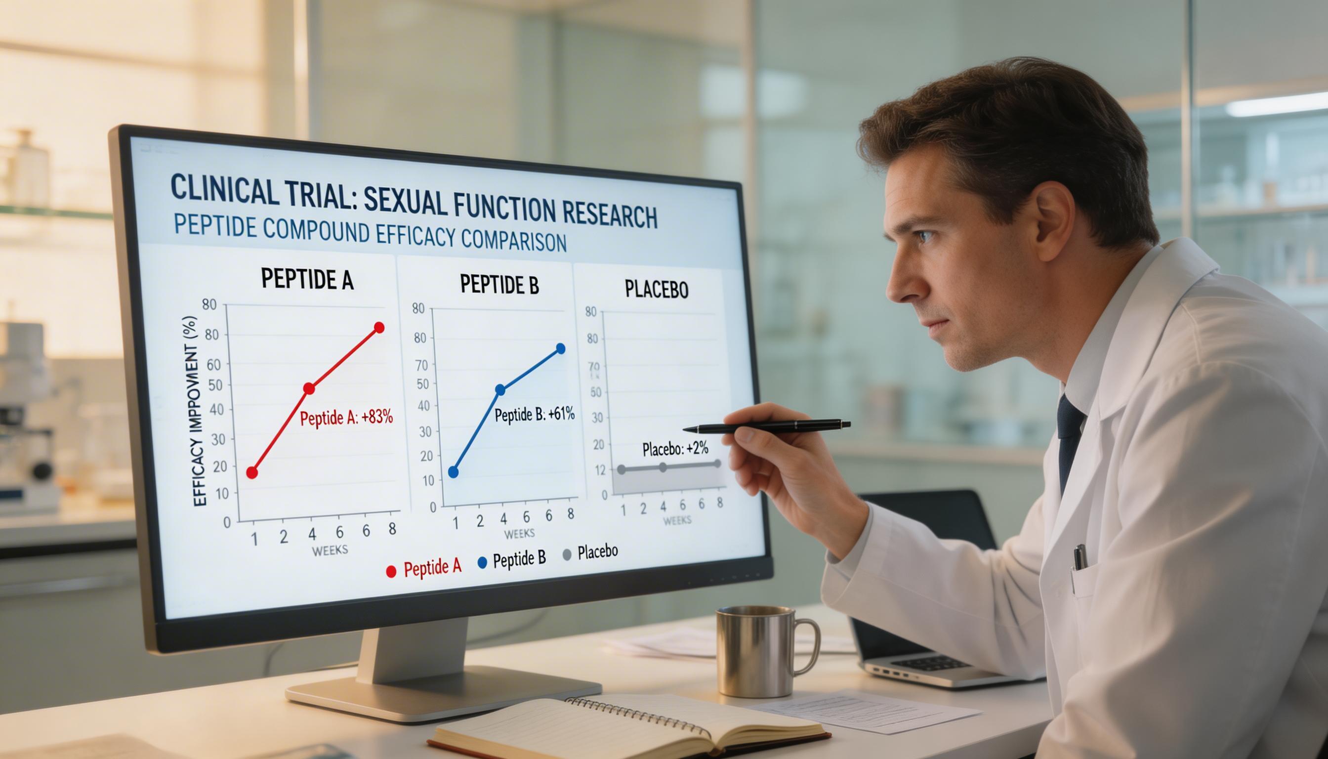 Scientist reviewing research data charts showing clinical trial evidence comparison between different peptide compounds for sexual function research.