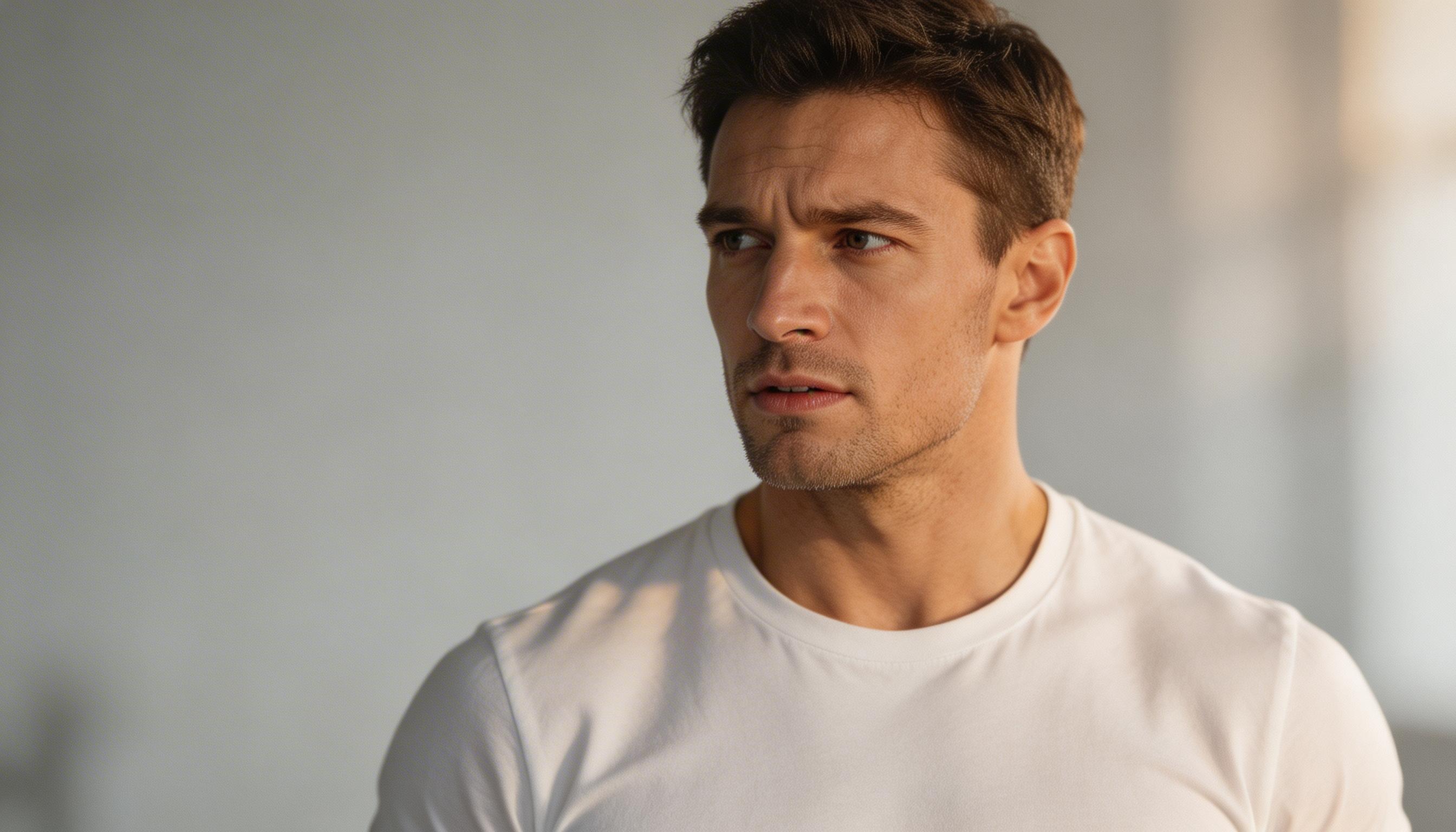 Confident fit man with thoughtful expression, representing the male demographic considering PT-141 bremelanotide as an alternative to Viagra and Cialis for erectile and libido concerns.