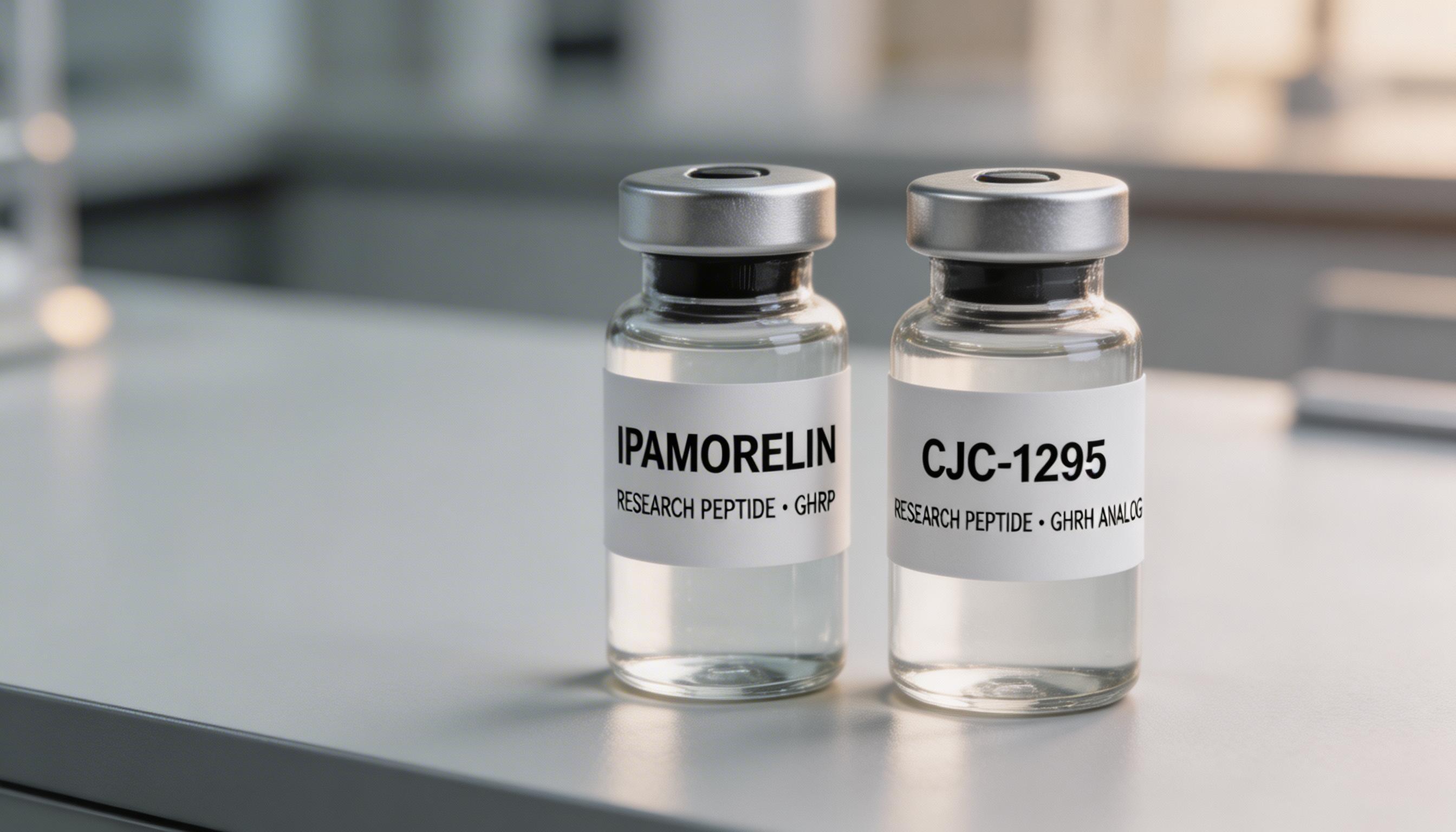 Close-up of research peptide vials lined up on a laboratory surface, representing Ipamorelin and CJC-1295 growth hormone releasing peptides used in sports medicine research protocols.