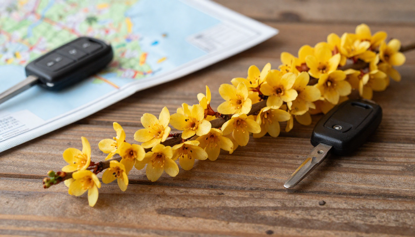 나무 테이블 위에 놓인 노란 산수유 꽃가지와 자동차 키, 여행 지도가 어우러진 감성적인 풍경.
