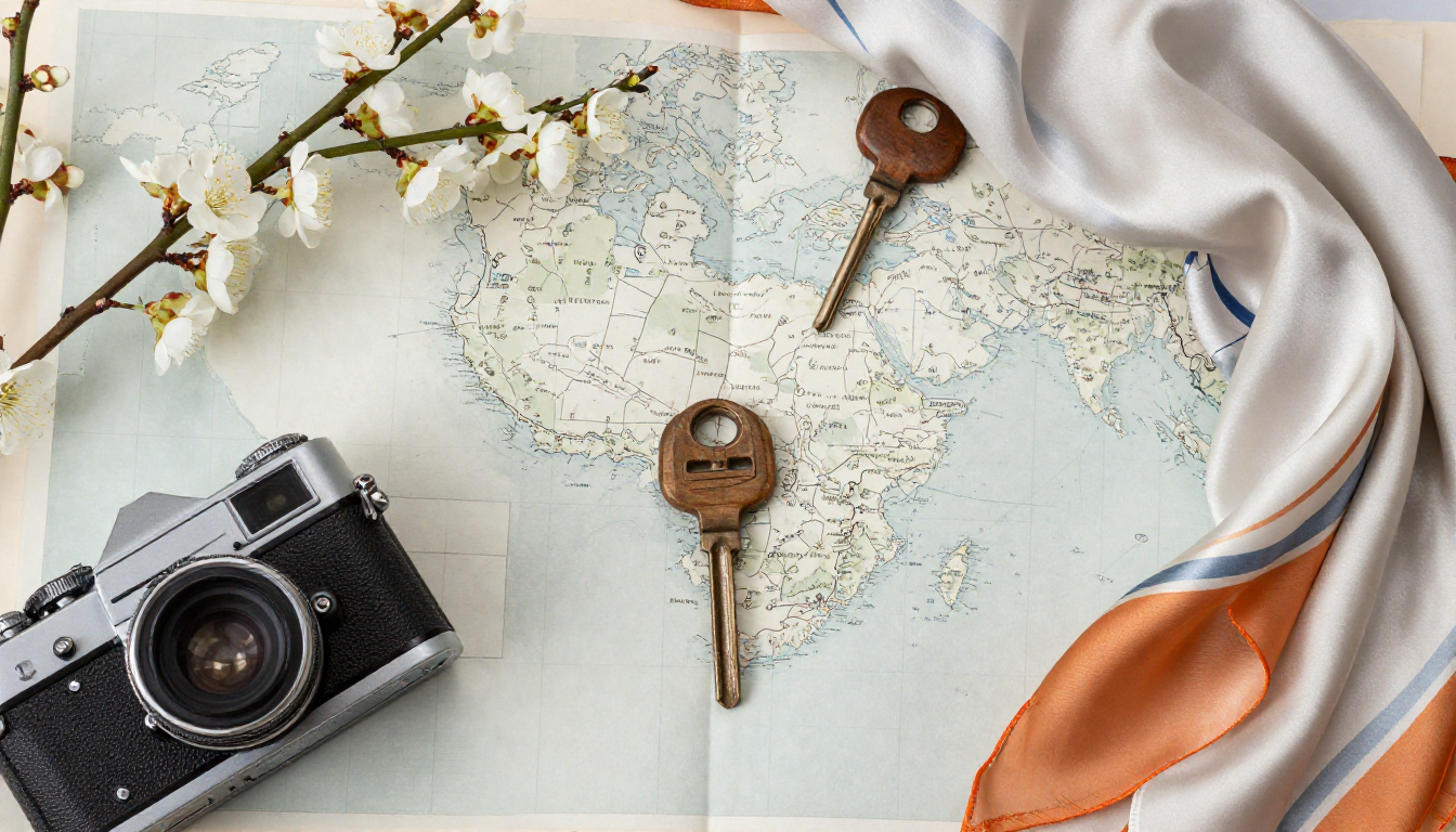 하얀 매화꽃과 종이 지도, 나무 자동차 키, 빈티지 카메라, 실크 스카프가 어우러진 감성적인 여행 소품들의 모습입니다.