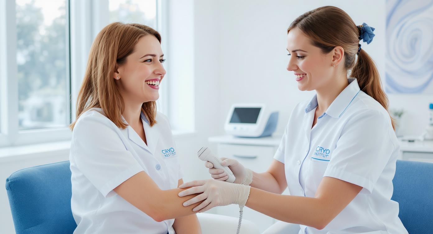 Photorealistic scene of Sophie (28, French Caucasian woman with shoulder-length chestnut hair) sitting upright in a modern clinic consultation room, laughing while a female technician (white medical tunic with blue accents) demonstrates a handheld skin analysis device on her forearm. Soft daylight from large windows blending with cool LED examination lights, Cryo Institut logo subtly visible on minimalist wall art. Focus on genuine micro-expressions showing relief and trust, rule of thirds composition with Sophie occupying right third, technician