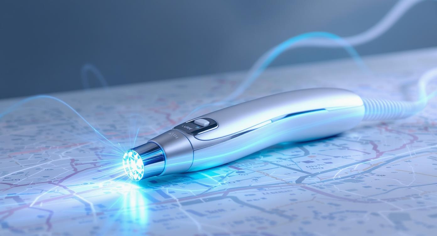 High-angle photorealistic shot: Clinical Skin Laser handpiece glowing with fiber-optic blue light trails, positioned atop a minimalist desk with Lyon city map texture background. Diamond-like refraction effects highlight its 'technological jewel' status, soft natural lighting emphasizing French craftsmanship. Shallow depth of field isolates the device against blurred Bellecour Square skyline, calming blue-and-white color scheme with metallic accents. Professional studio lighting showcasing the ergonomic silver-and-blue design without text elements.