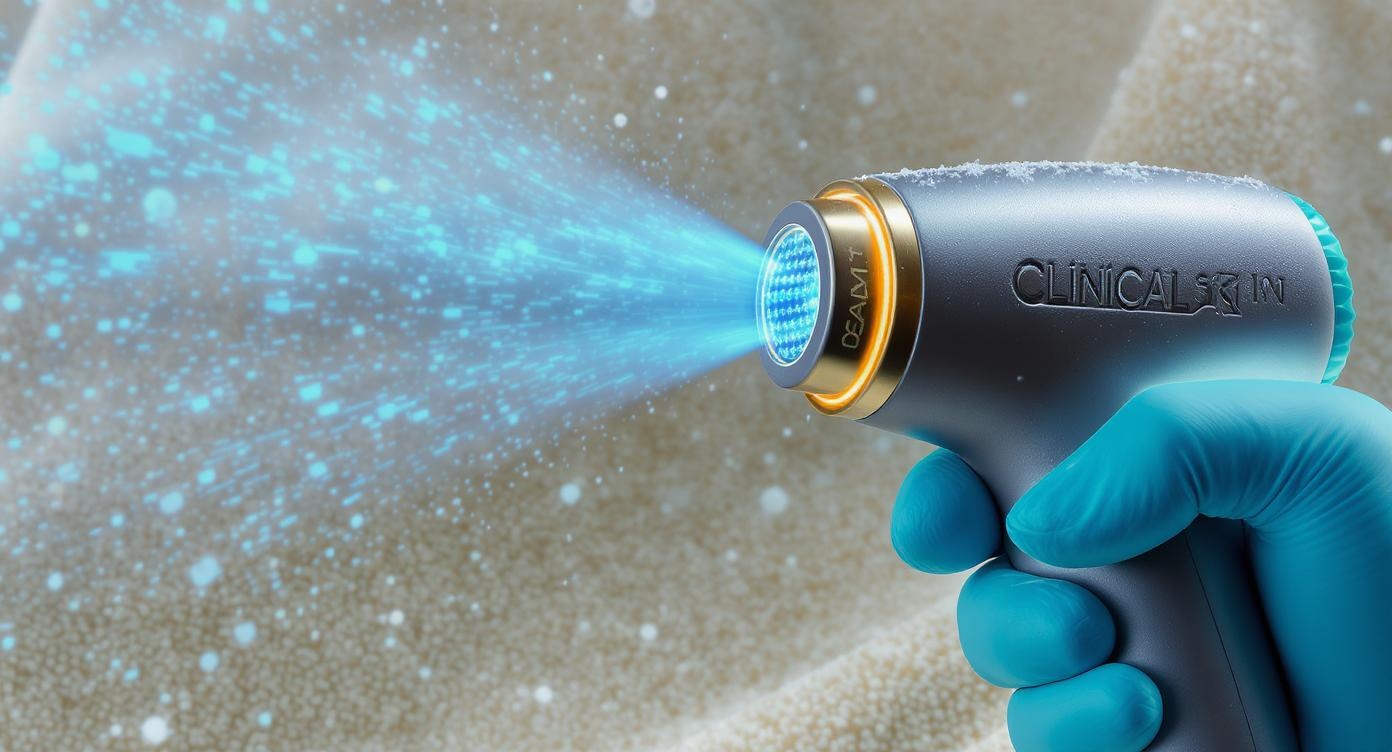 Extreme close-up photorealistic scene: Clinical Skin Laser handpiece emitting cryogenic air stream (-20°C) with visible frost particles against warm beige towel background. Gloved hand securely holding the device, blue cooling effect dynamically contrasting with golden rim light on metal casing. Ultra HD capture of frost crystallization details, shallow depth of field focusing on airflow pattern. Professional studio lighting creating visual metaphor of 'freshness' without skin exposure, calming blue-to-white gradient color scheme.