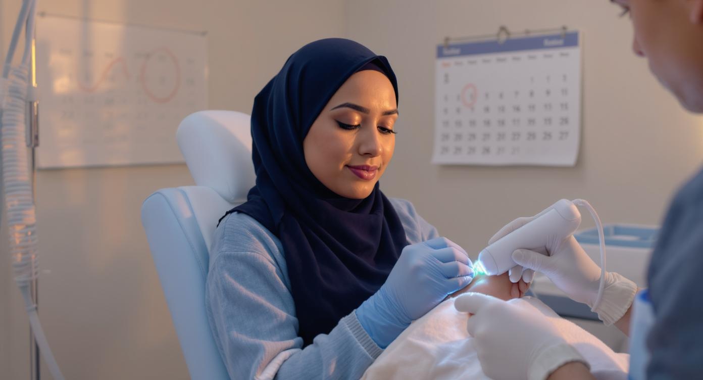 Medium-wide shot of a diverse French client (30s, hijab-styled) experiencing a free laser test at Cryo Institut, technician gently applying the device to her wrist under soft blue treatment lights. Modern beige-and-blue treatment room with visible but non-intrusive medical equipment, large calendar showing \