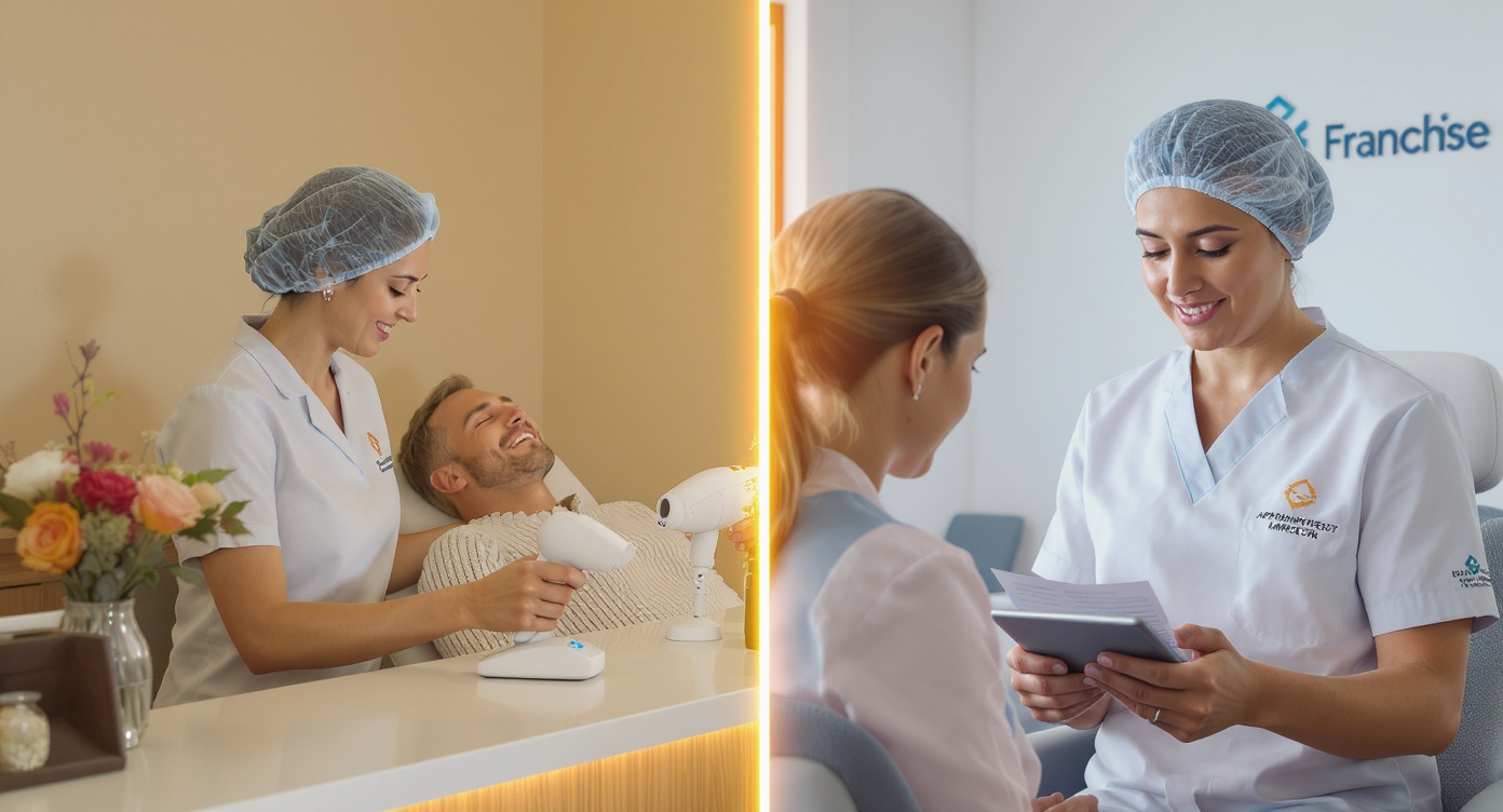 Photorealistic scene showing emotional contrast: left side features a local institute setting with warm beige walls, fresh flowers on reception desk, therapist kneeling to eye level while gently explaining cryolipolysis procedure using a handheld device to a relaxed client; right side depicts franchise clinic with identical branding logos, rigid seating arrangement, practitioner checking tablet while client nervously fidgets with appointment papers; natural rim light separating both realities, client’s hopeful expression turning toward local side, subtle blue accents in therapist’s uniform and decor details, hyperrealistic skin textures and fabric details, shallow depth of field focusing on client’s thoughtful expression, professional composition following rule of thirds