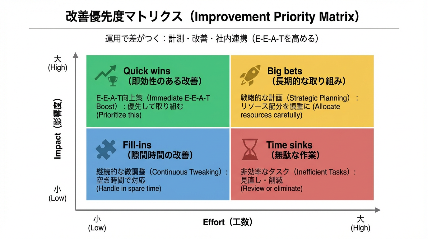 縦軸Impact、横軸Effortの2軸マトリクスで、Quick winsやBig betsなど改善施策の優先度を分類した図
